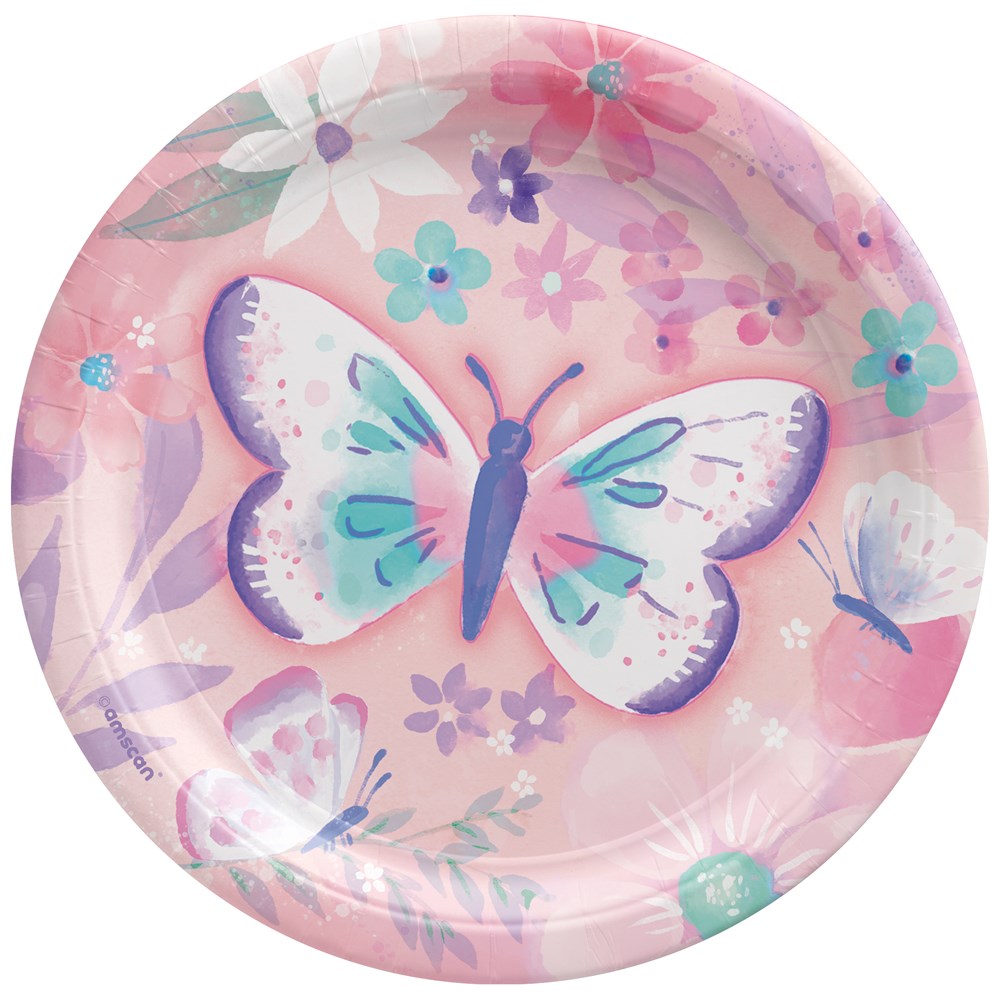 7-inch round paper plate with pastel pink background, large blue and purple butterfly, and colorful flower accents.