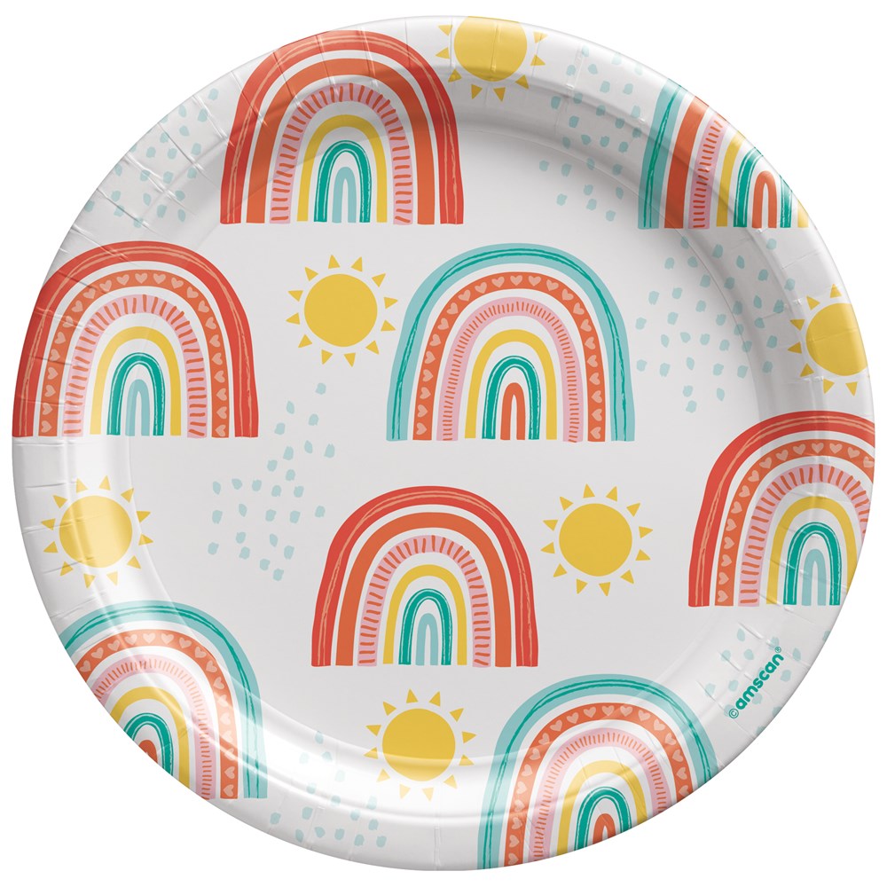 7-inch round paper plate with colorful retro rainbows and yellow suns on a white background.