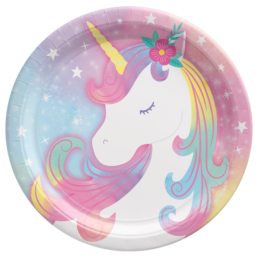 7-inch round paper plate with pastel gradient background and sleeping unicorn with colorful mane and floral horn decoration.
