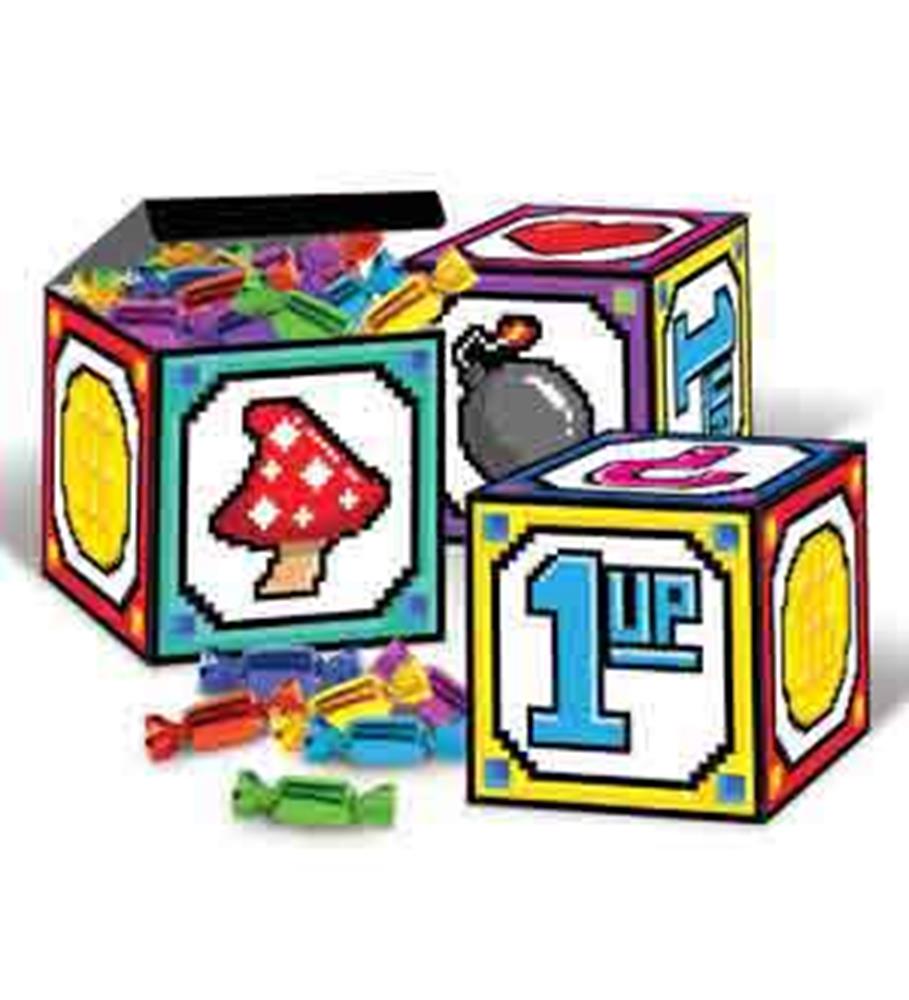 Colorful cube favor boxes with pixelated 8-bit game icons like mushrooms, bombs, and "1UP" text.