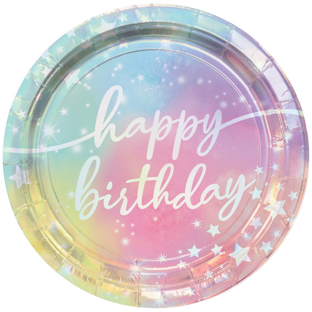 7-inch round iridescent plate with pastel rainbow colors and white "happy birthday" text with star accents.