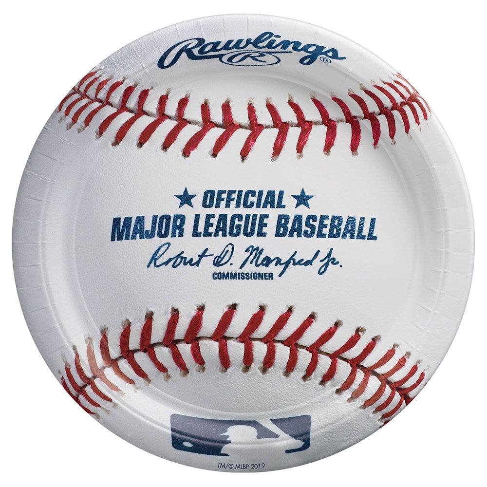 7-inch round paper plate designed like an MLB baseball with red stitches and blue Rawlings logo and text.