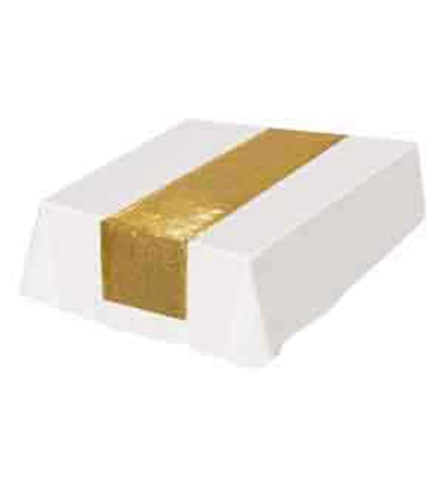 Gold sequined table runner with shimmering fabric laid over a white rectangular table.