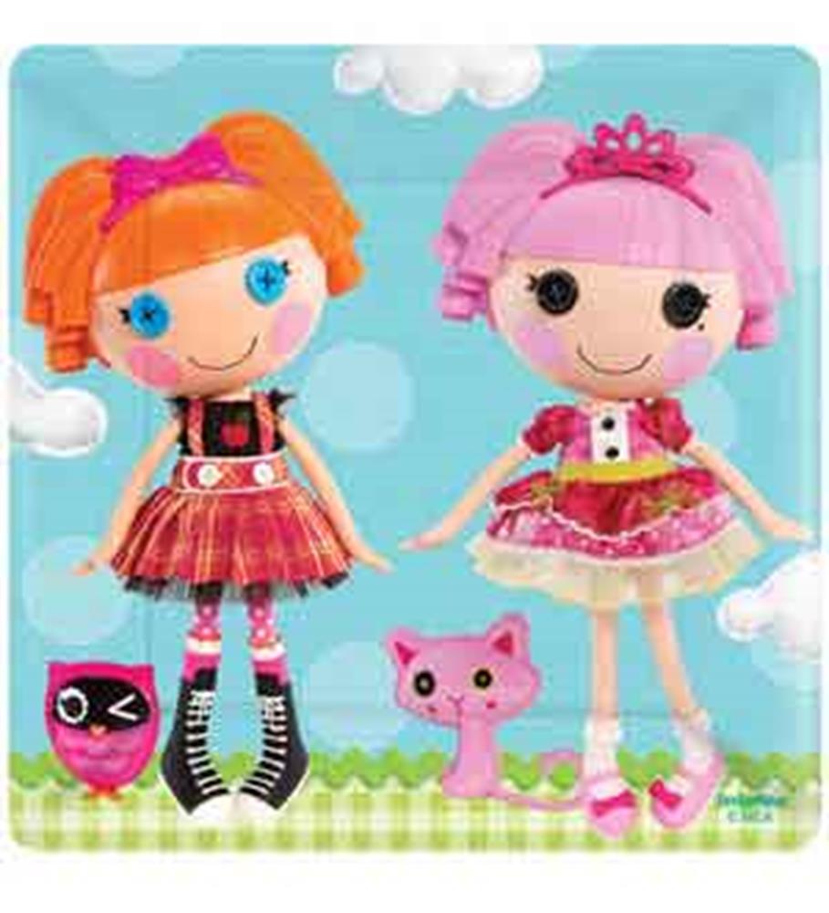 Square paper plate with colorful Lalaloopsy doll illustrations, pink and orange hair, and two cute cats.