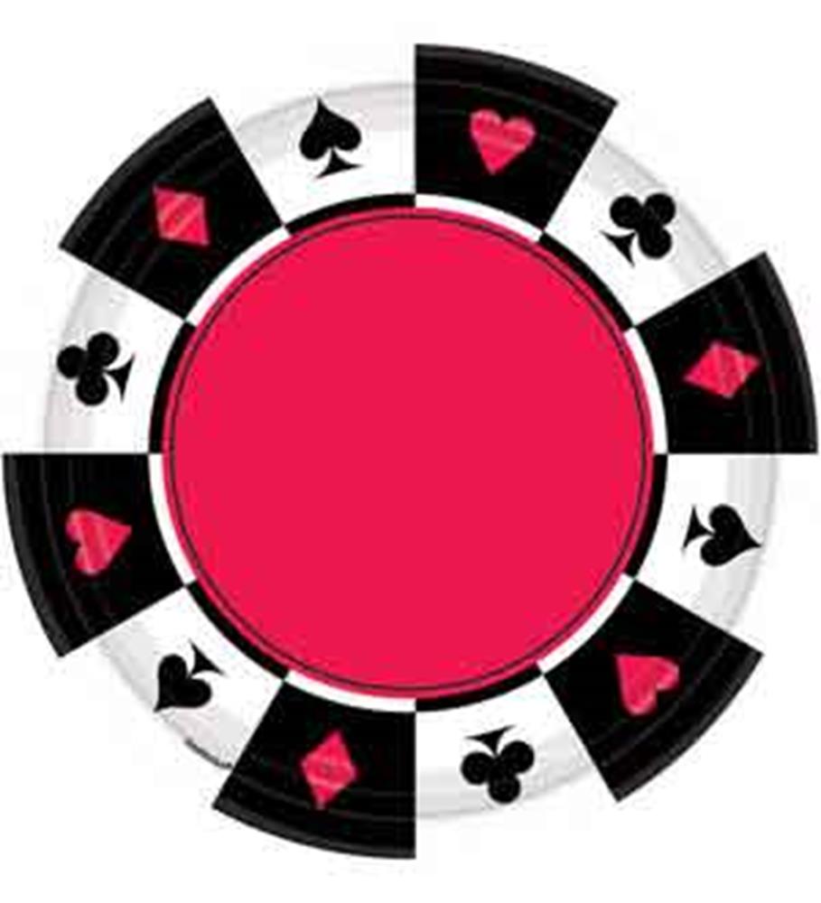Round plate designed like a poker chip with black, white, red, and suit symbols—hearts, clubs, spades, diamonds.