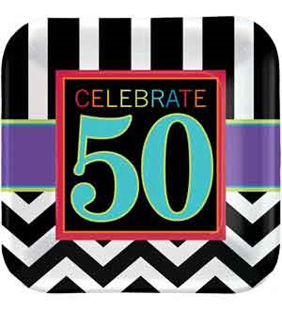 Square plate with black and white stripes and chevron pattern, purple band, and colorful "Celebrate 50" text in center.