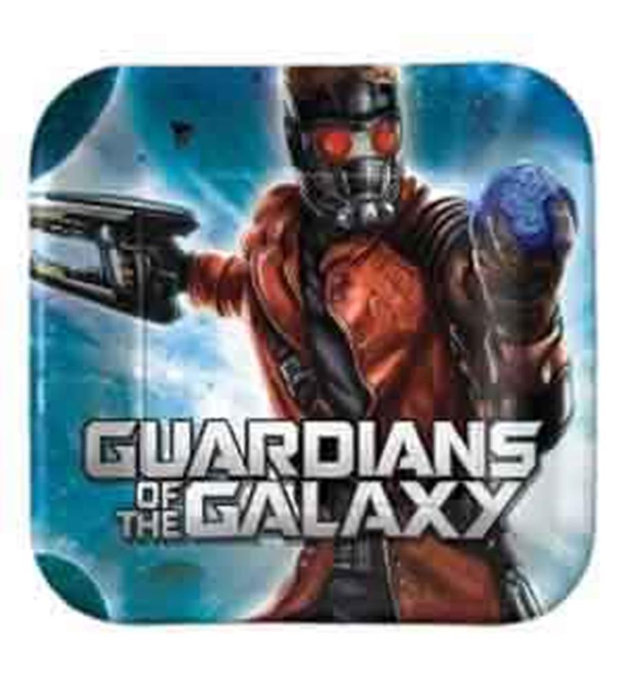 Square paper plate featuring Star-Lord from Guardians of the Galaxy in red jacket on blue cosmic background with logo text.