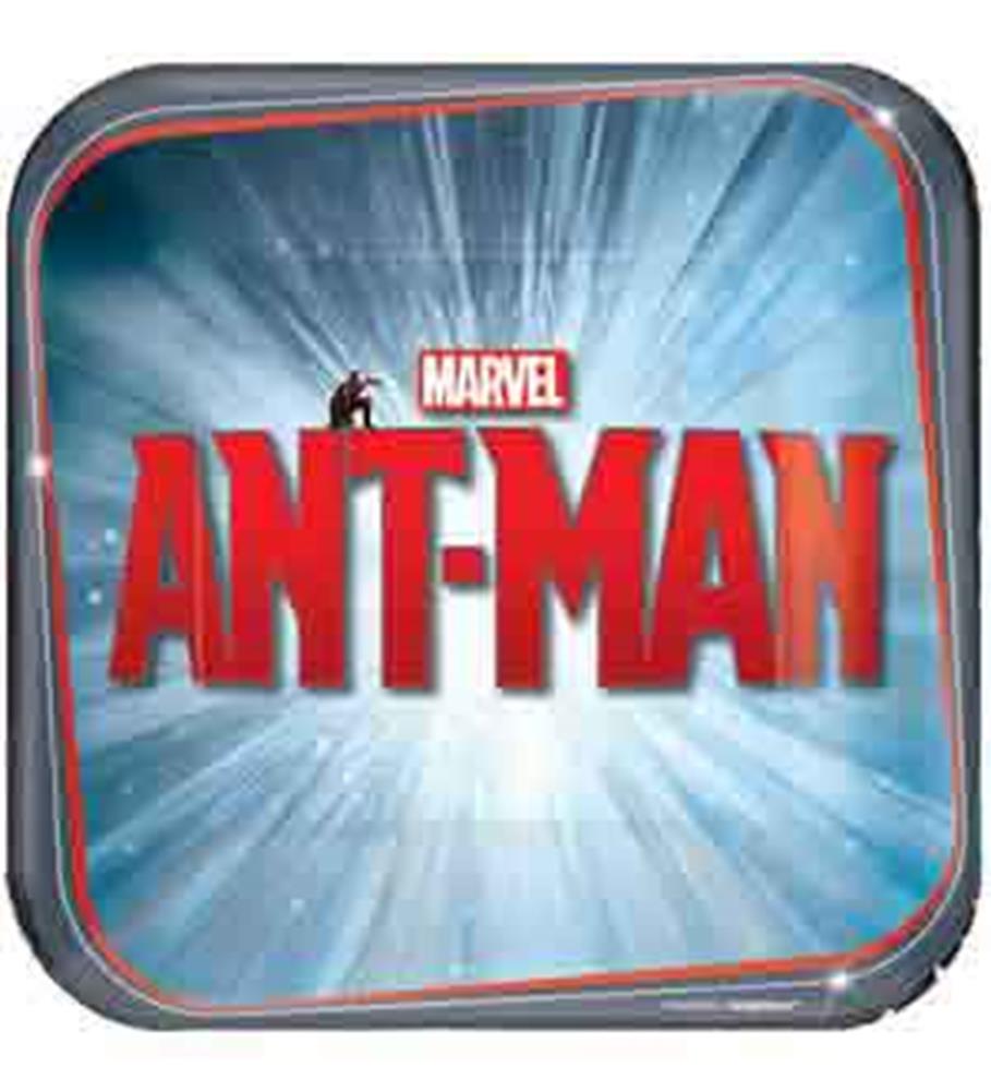 Square disposable plate with blue background, red Marvel Ant-Man logo, and silver-gray border.