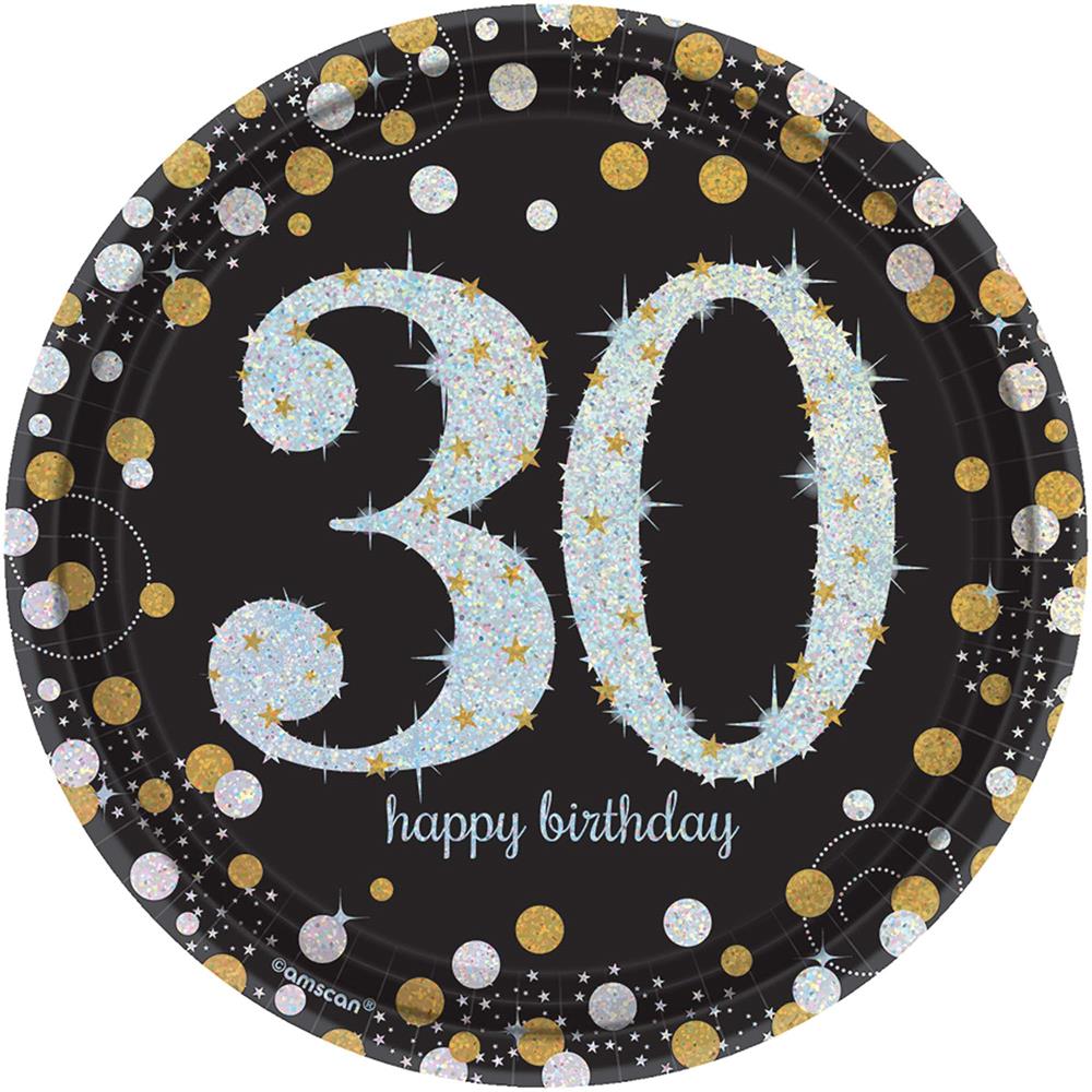 7-inch round black plate with sparkling silver "30" and gold, silver, and white confetti dots.