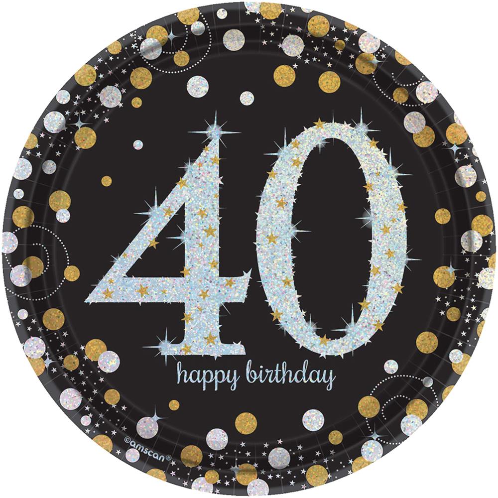 Black 7-inch round plate with sparkling silver "40" and gold and silver confetti dots, "happy birthday" text.