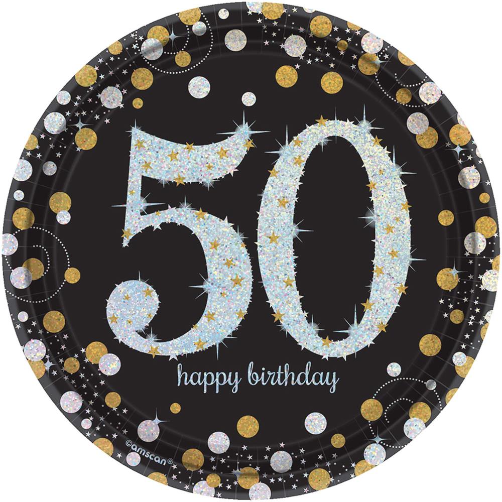 Black 7-inch round plate with sparkling silver "50" and gold confetti design, "happy birthday" text.