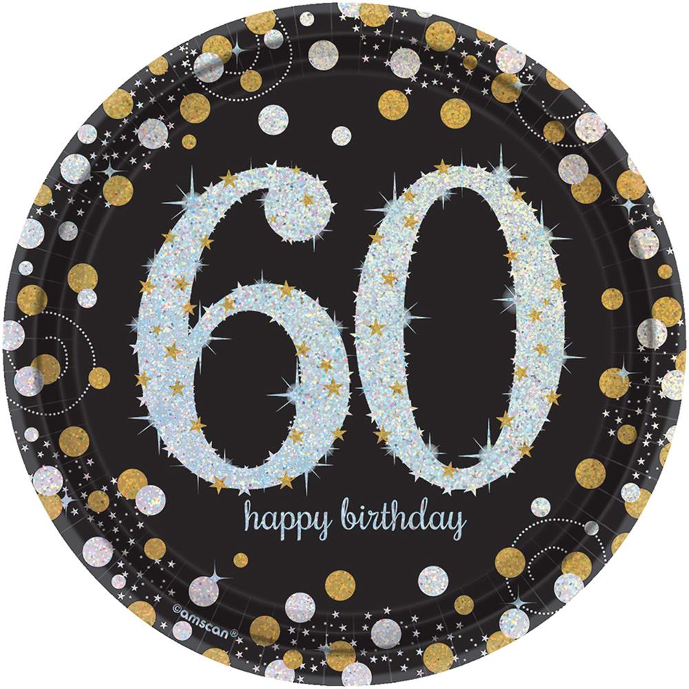 7-inch round black plate with sparkling silver "60" and gold and silver confetti design.