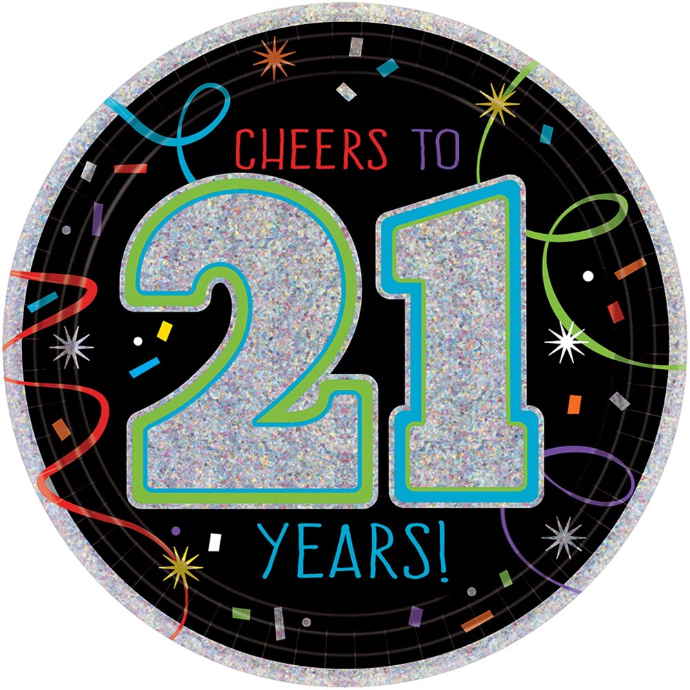 Round black plate with large glittery silver "21," colorful confetti, and "Cheers to 21 years!" text.