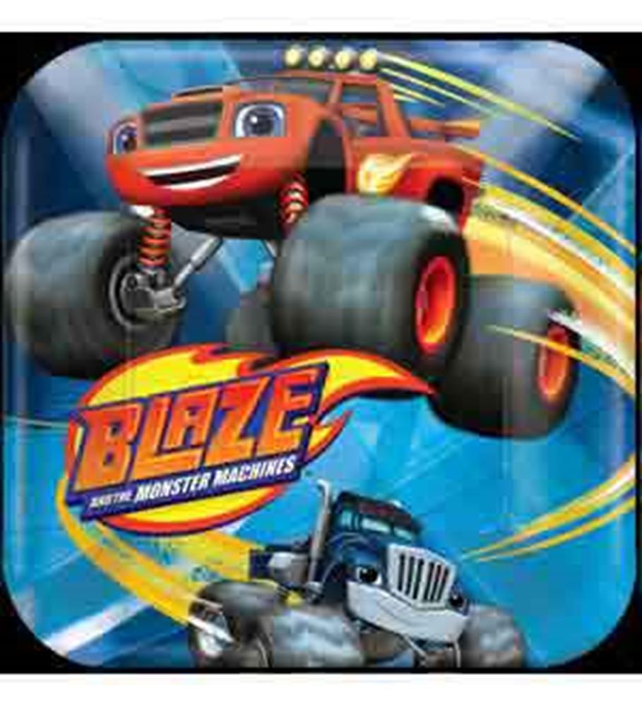 Square blue plate featuring Blaze the red monster truck and Crusher the gray monster truck with the Blaze Monster Machines.