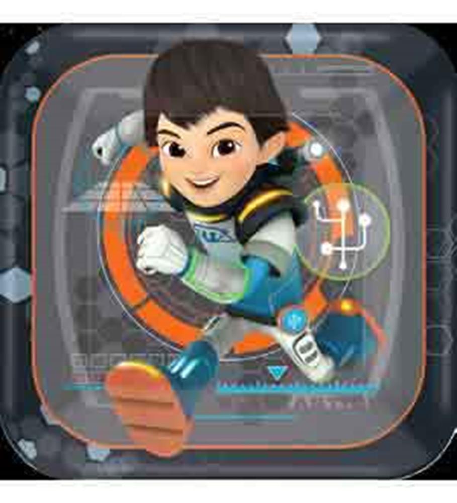 Square black plate with rounded corners featuring animated boy in space suit running against futuristic background.