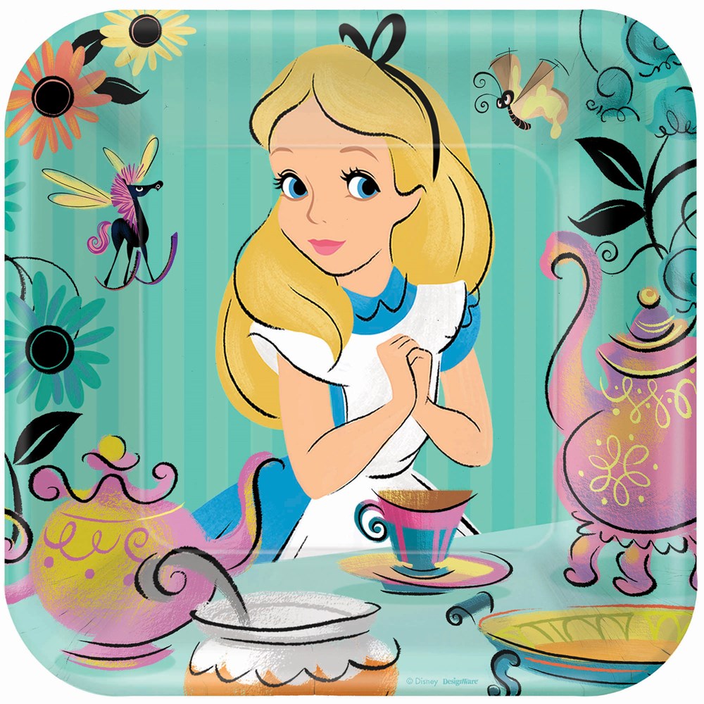 Square party plate with Alice from Wonderland in blue dress, surrounded by whimsical teapots and flowers on turquoise.