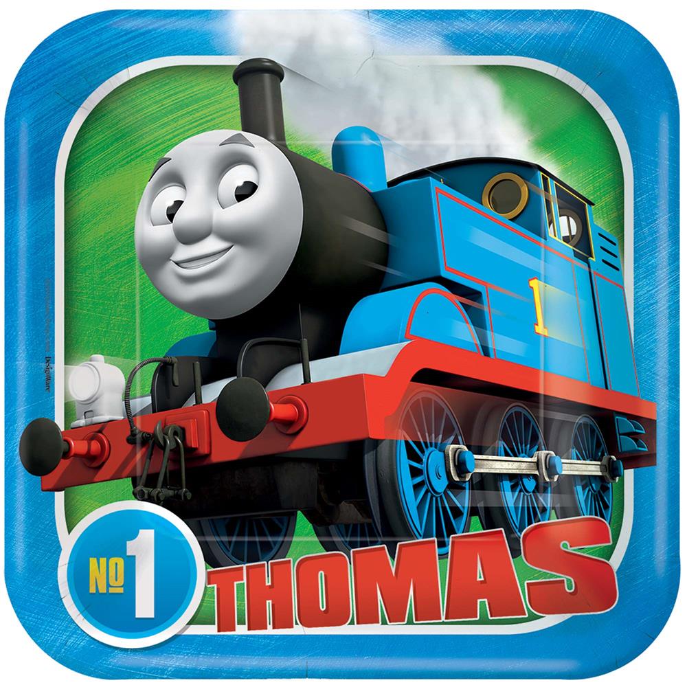 Square blue paper plate with rounded corners featuring Thomas the Tank Engine and the text "No 1 Thomas" in bold red letters.