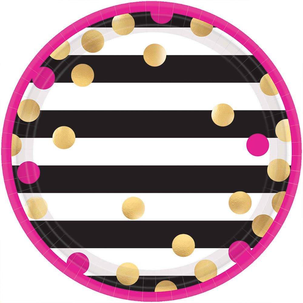 Round plate with black and white stripes, gold polka dots, and bright pink rim.