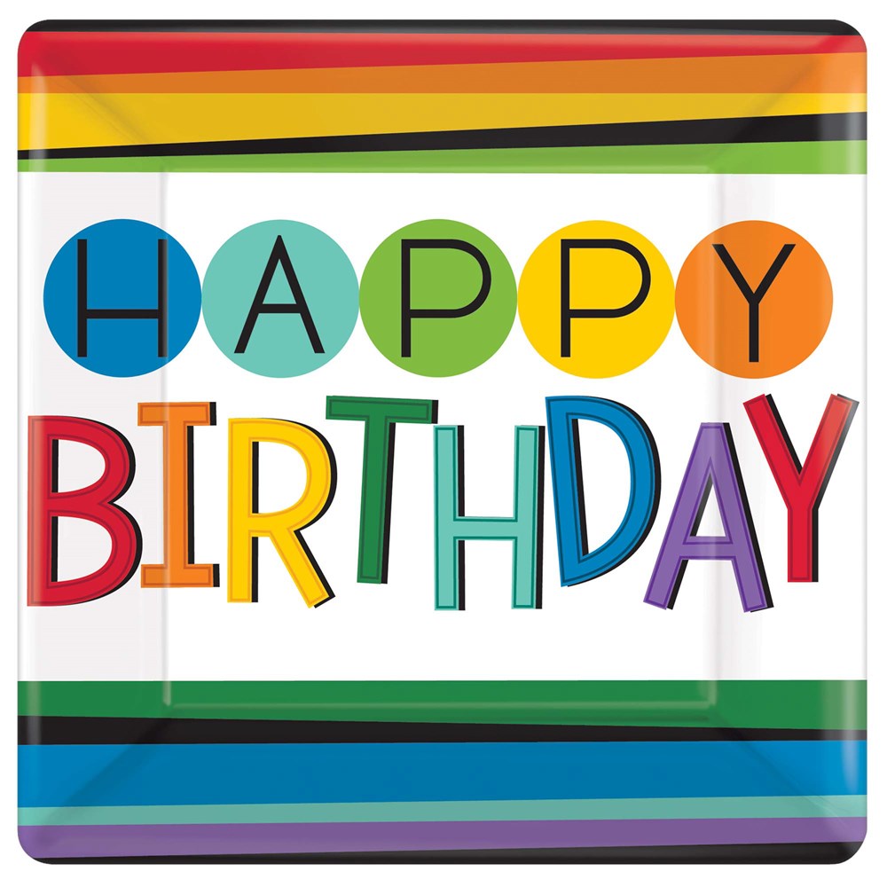 Square paper plate with rainbow stripes and "Happy Birthday" in colorful bubble letters.
