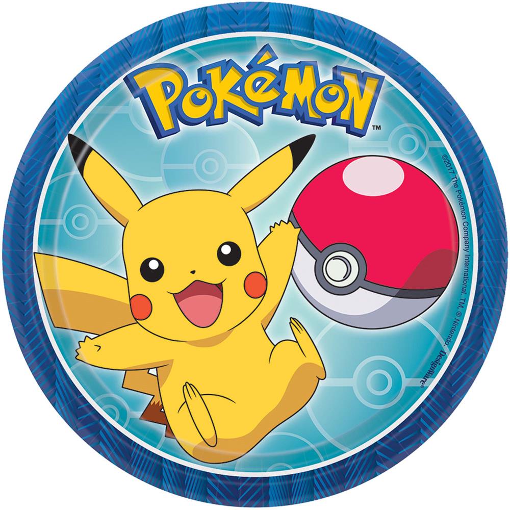 Round blue plastic plate featuring Pikachu and a Pokeball with the yellow Pokémon logo at top.