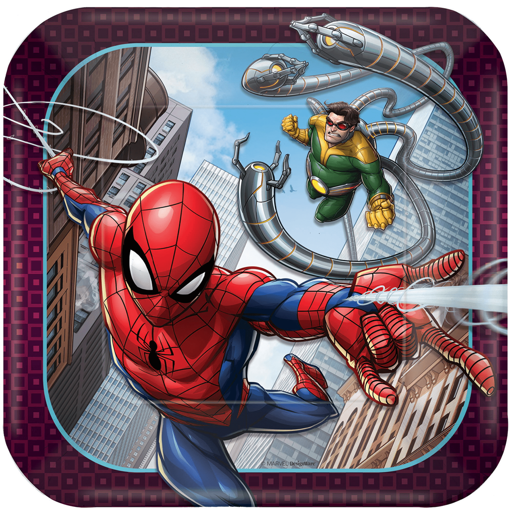 Square 7-inch plate featuring Spider-Man swinging through a cityscape with Doctor Octopus in the background.