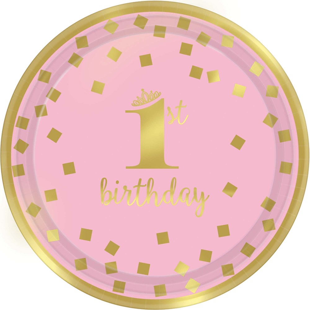 Pink round paper plate with gold confetti, gold rim, and "1st birthday" text in metallic gold.