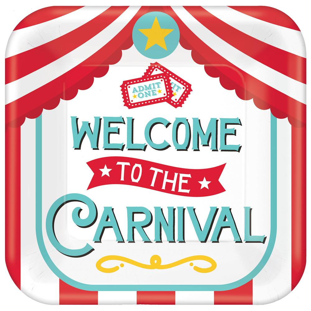 7-inch square paper plates with red and white carnival tent stripes, colorful "Welcome to the Carnival" text, and star and.