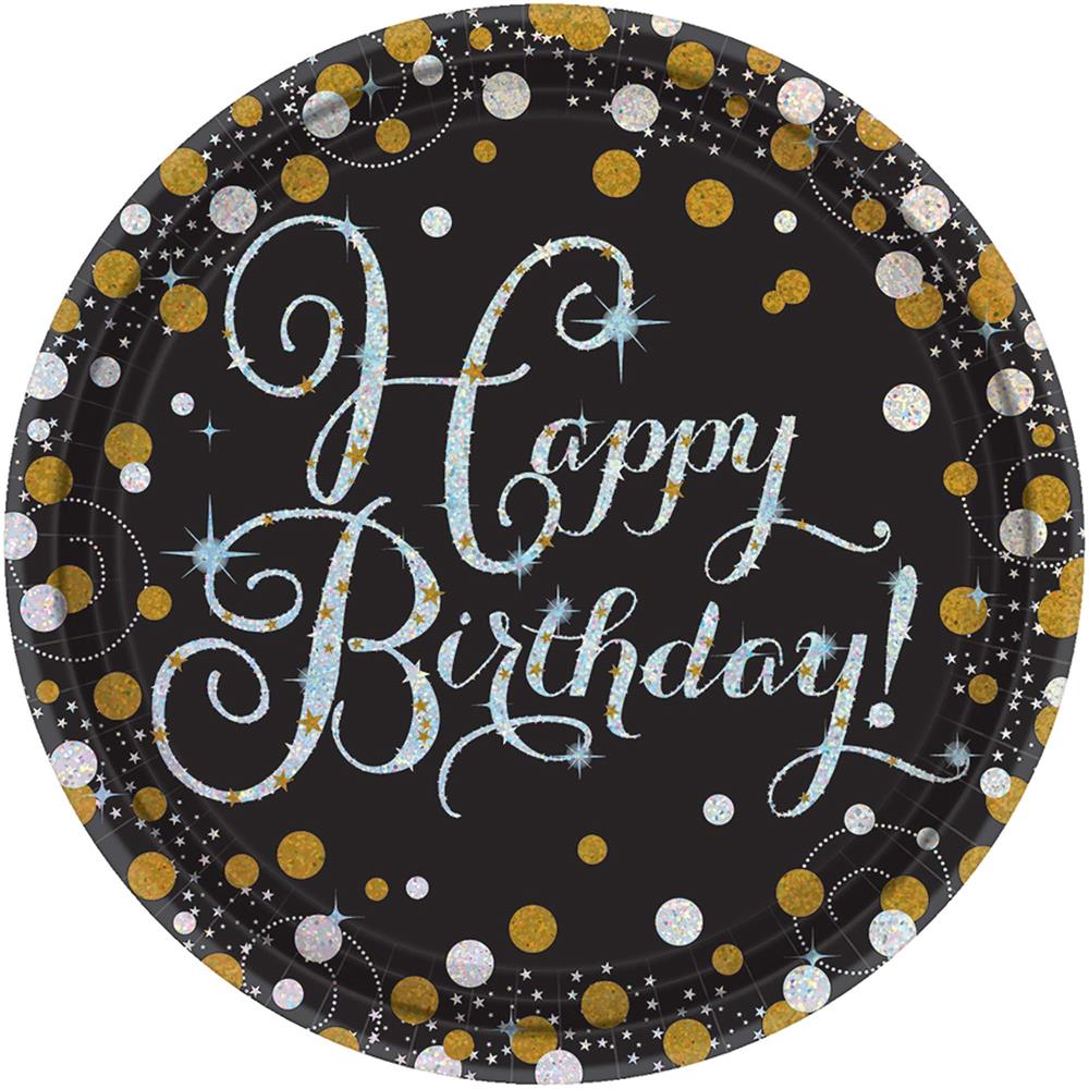 Black 7-inch round plate with silver "Happy Birthday!" text and gold, silver confetti design.