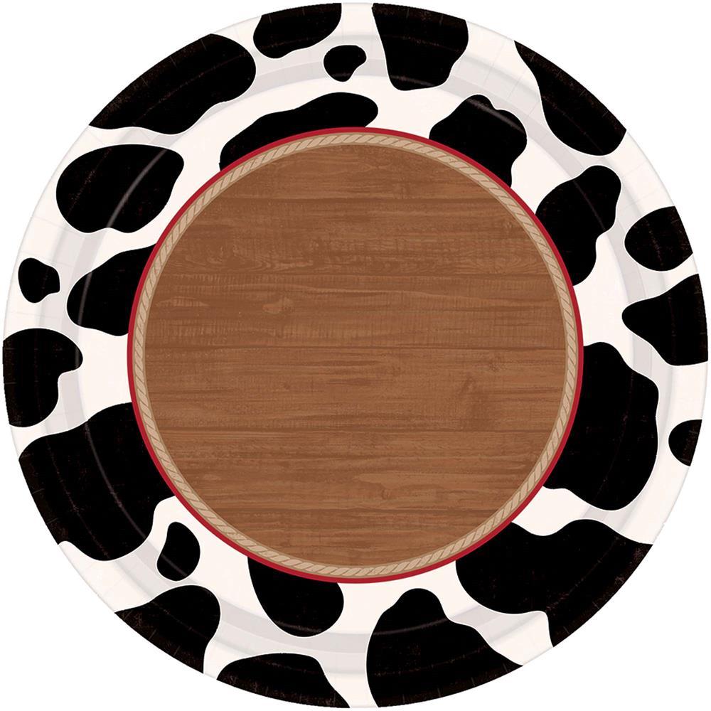 7-inch round paper plate with black and white cow print border and brown wood-textured center.
