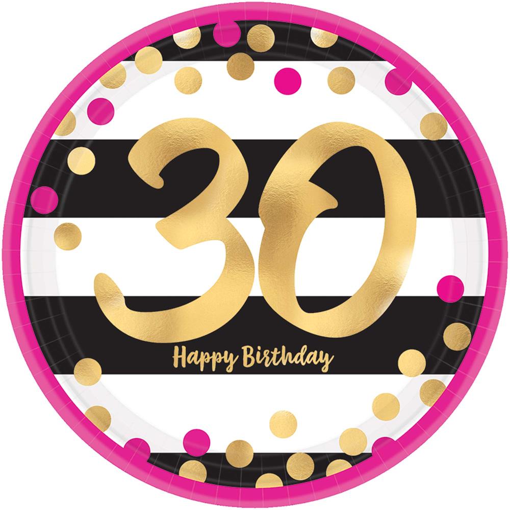 Round paper plate with black and white stripes, pink and gold polka dots, and large gold "30" with "Happy Birthday" text on.
