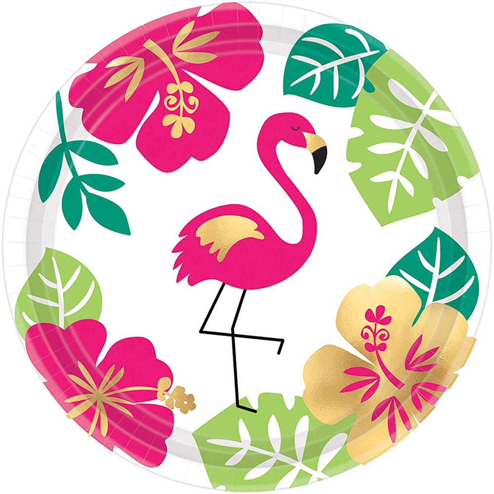 7-inch round paper plate with pink flamingo, pink and yellow hibiscus flowers, green tropical leaves, and metallic gold.