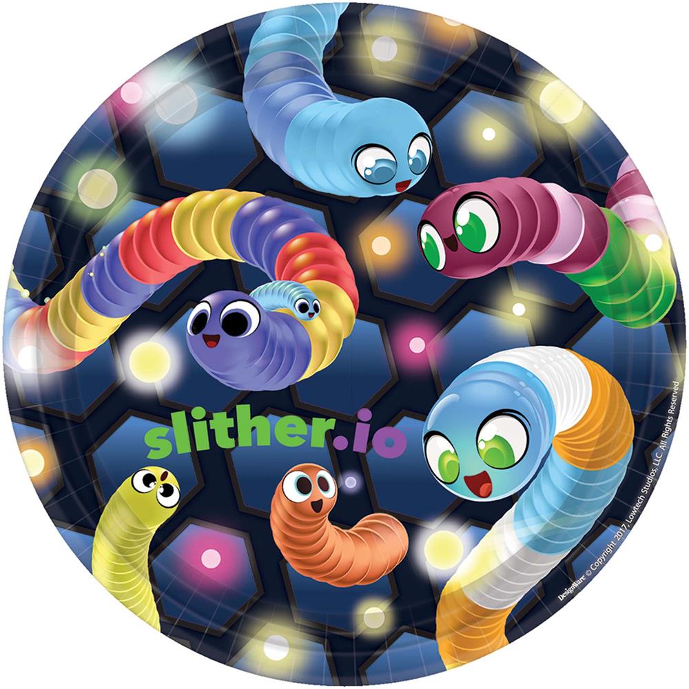 Round paper plate featuring colorful cartoon snakes with expressive eyes on a dark hexagonal patterned background with.
