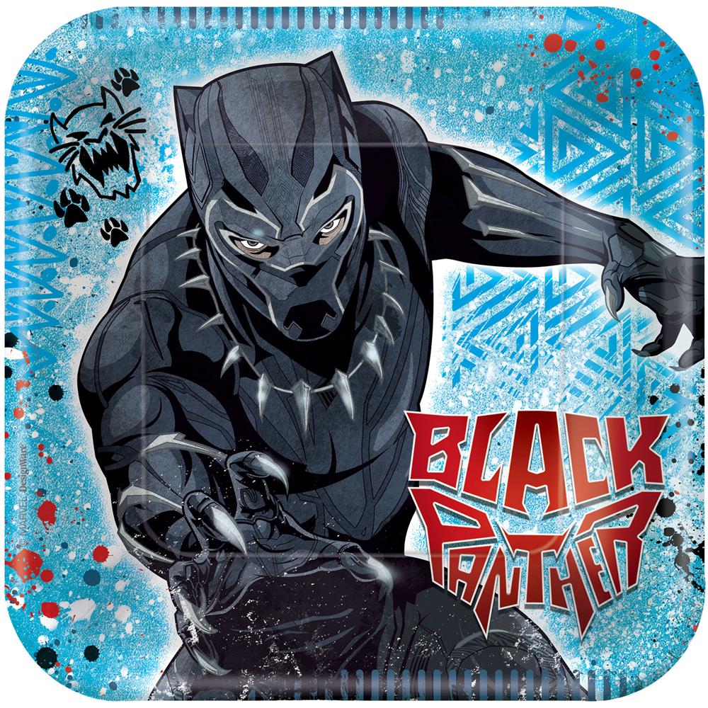 Square kids plate with Black Panther superhero on blue patterned background and red Black Panther logo.