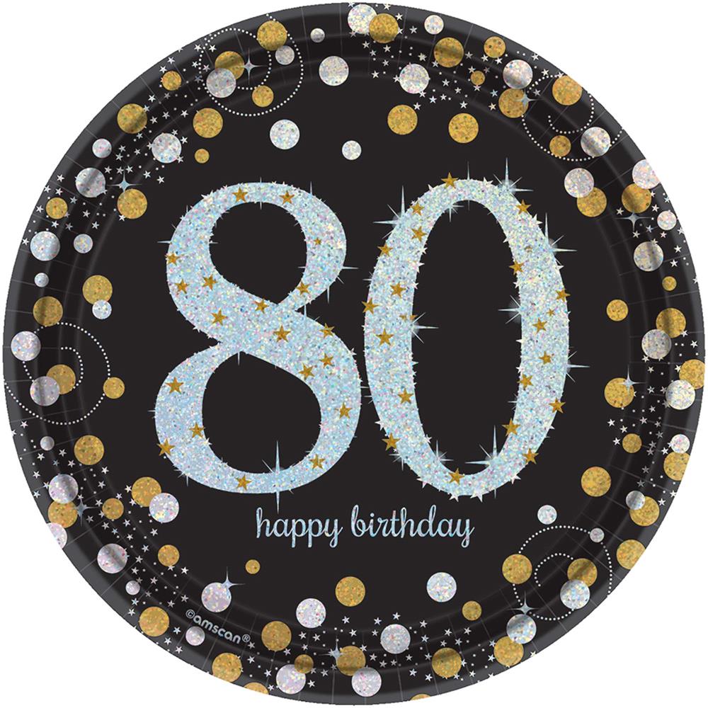 Black round plate with sparkling gold and silver confetti, large glittery "80" and "happy birthday" text.