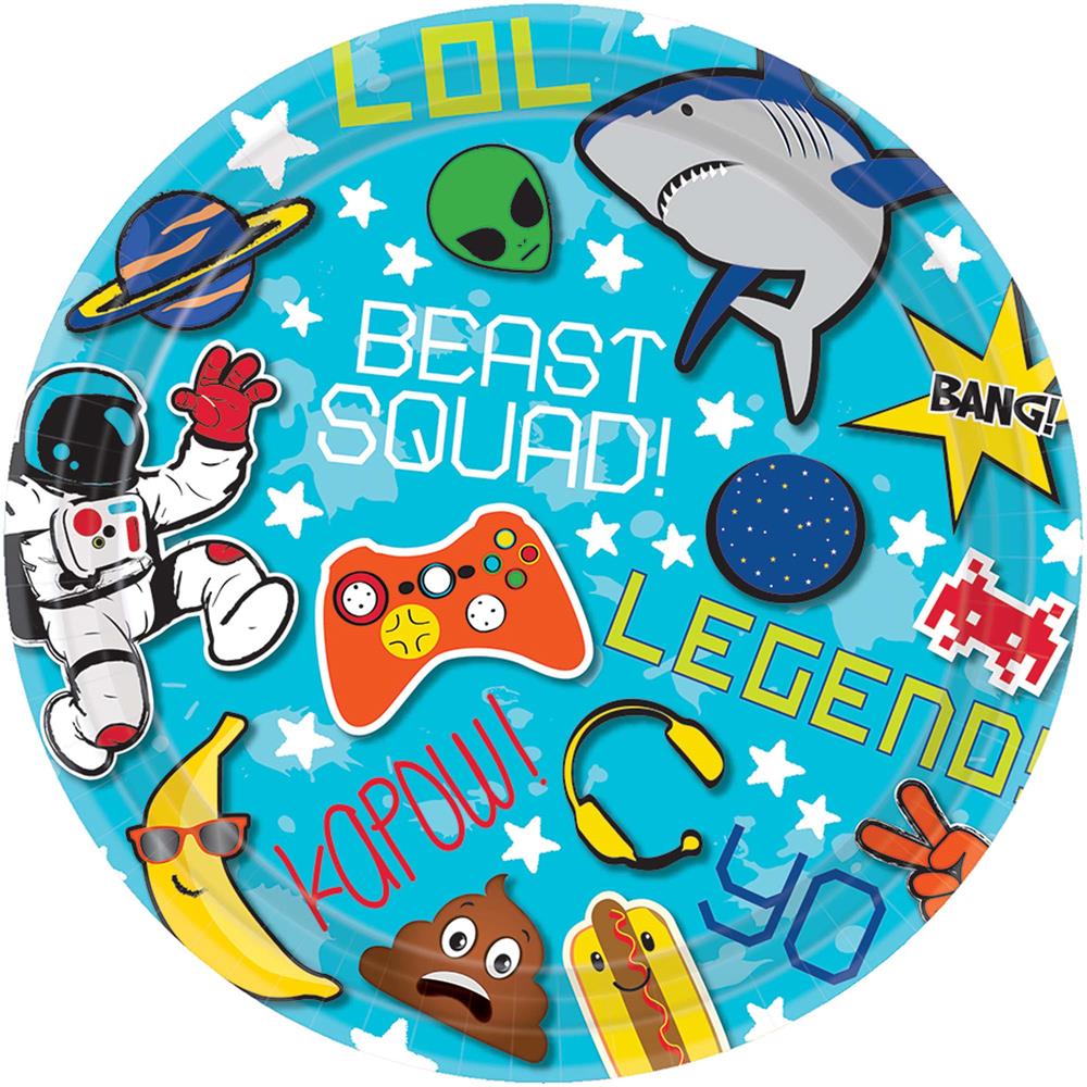 Round blue party plate with astronaut, shark, alien, game controller, and comic-style graphics.