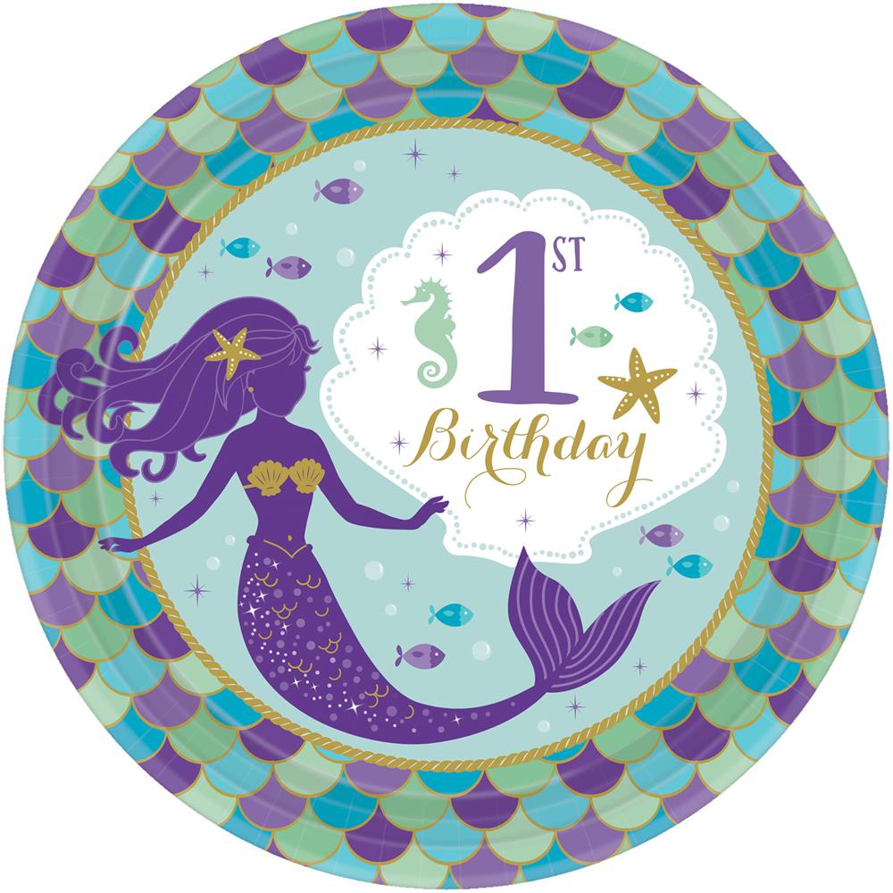 Round paper plate with mermaid illustration, purple and teal scale border, "1st Birthday" text in center.