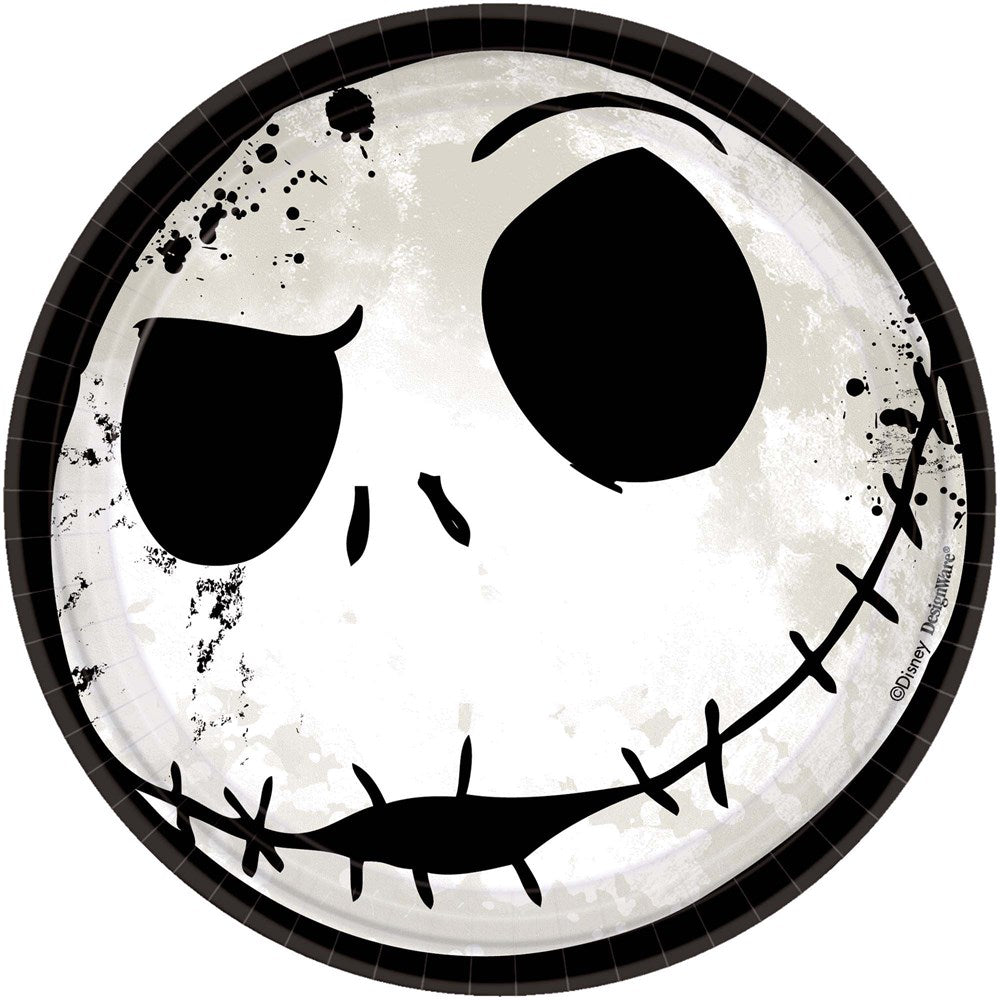 Round 7-inch paper plate with black and white Jack Skellington face design from Nightmare Before Christmas.
