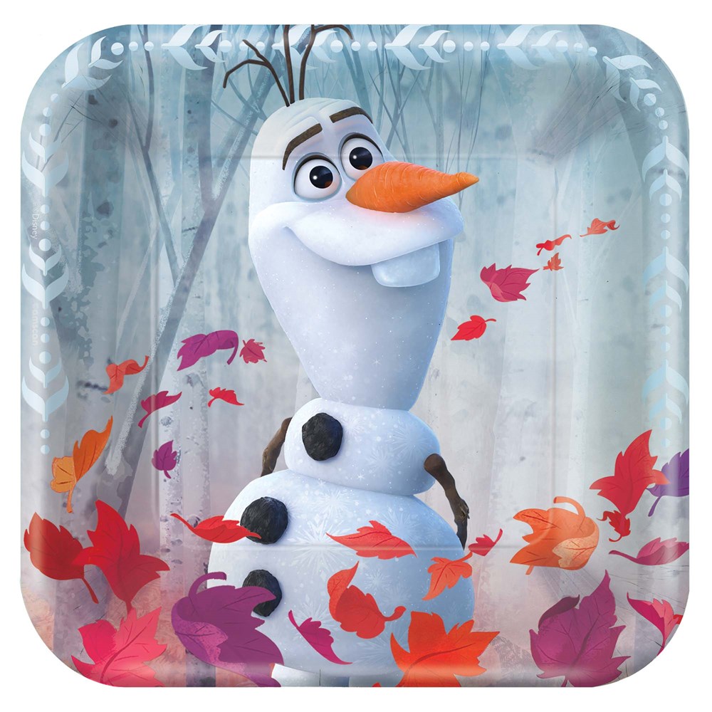 Square paper plate with rounded edges featuring Olaf the snowman from Frozen 2, surrounded by colorful autumn leaves on a.