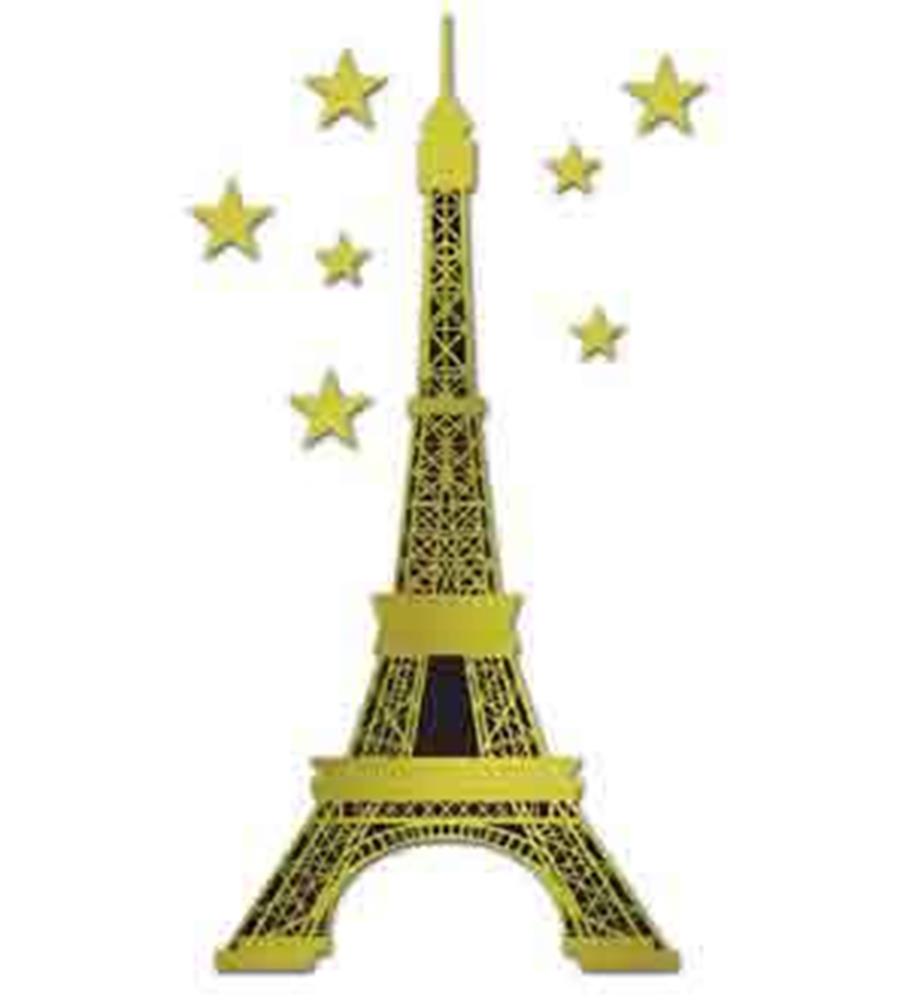Gold foil Eiffel Tower balloon with black decorative details and attached gold foil star balloons.
