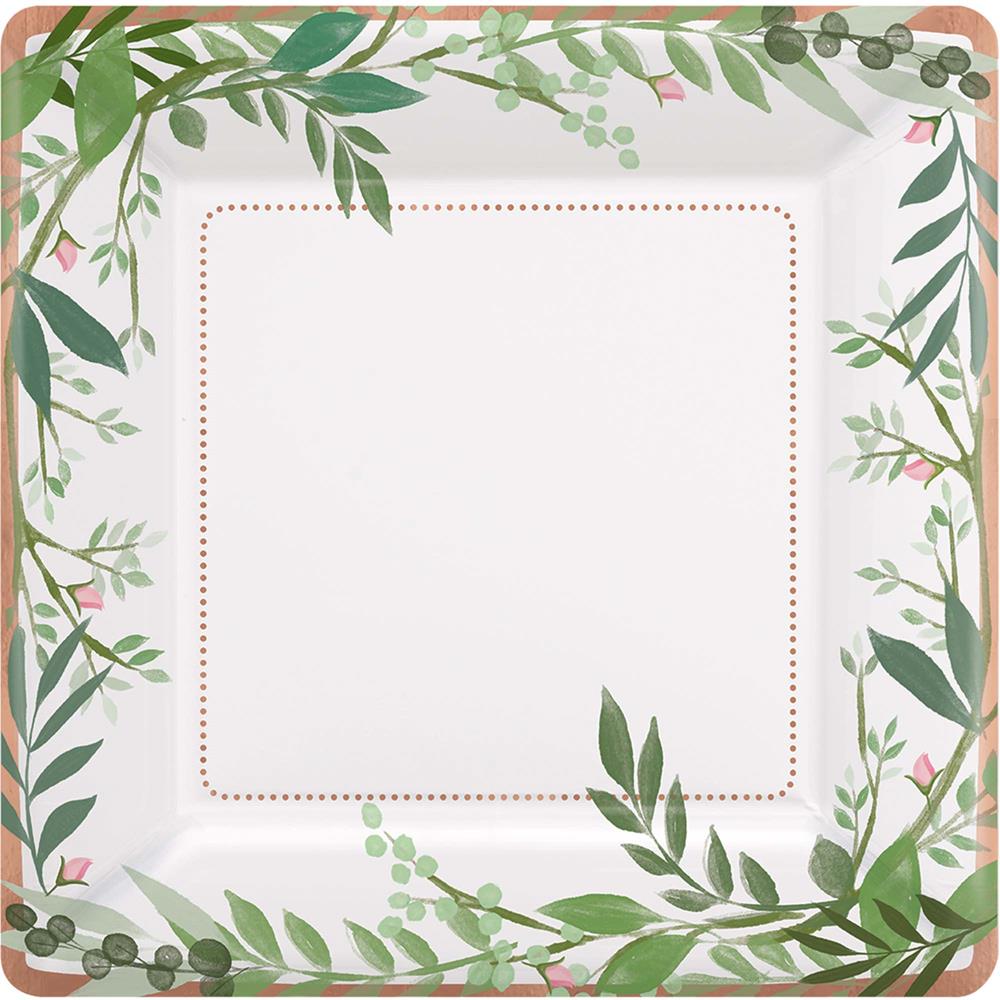 Square 7-inch white metallic plate with green leafy border and dotted inner frame, pack of eight.