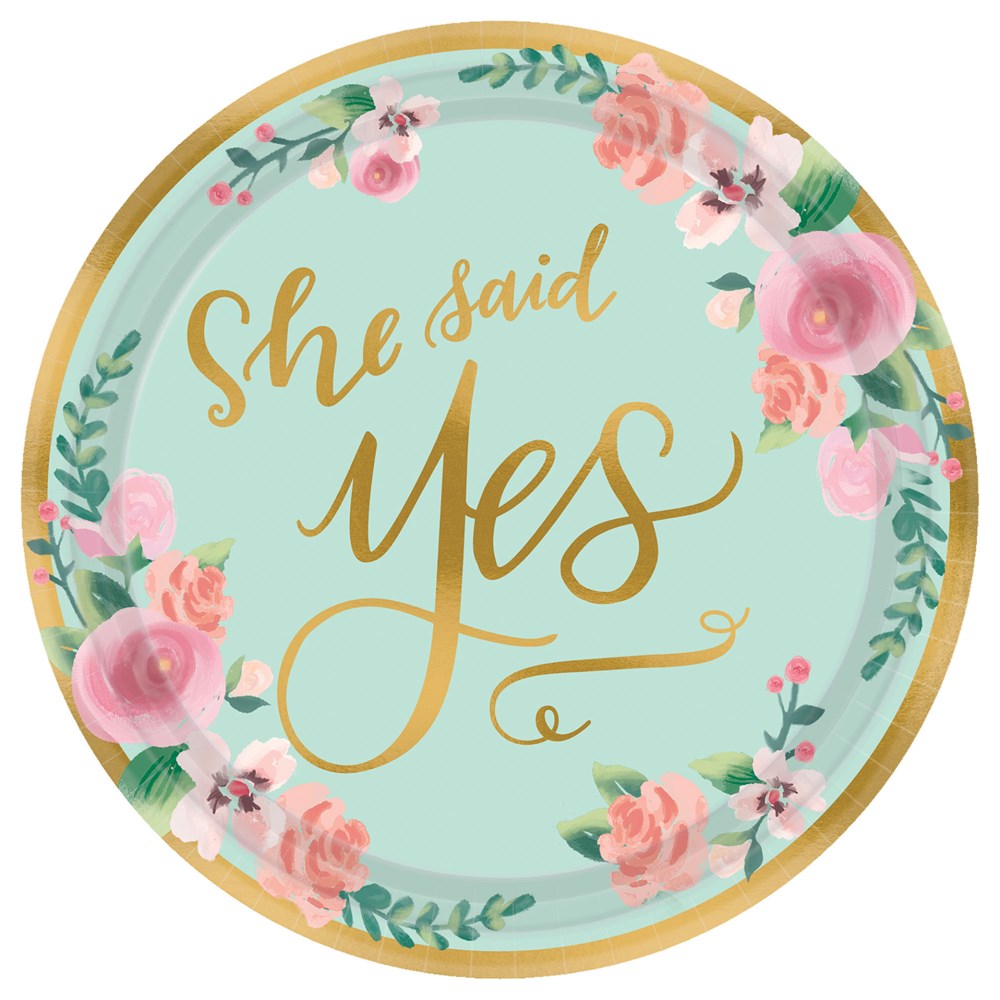 Round 7-inch mint green plate with gold rim, floral accents, and "She Said Yes" in gold script.
