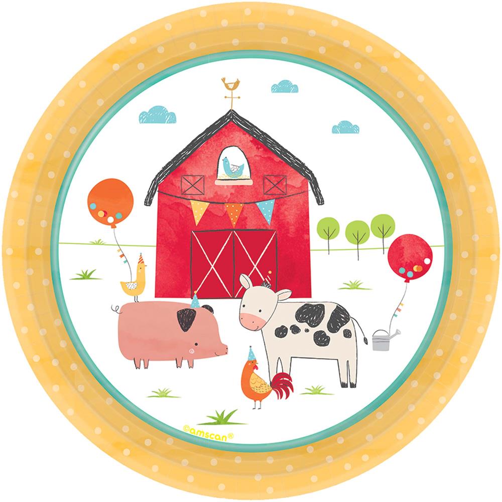 7-inch round paper plate with yellow polka dot border and barnyard animal illustrations including cow, pig, chicken, and.