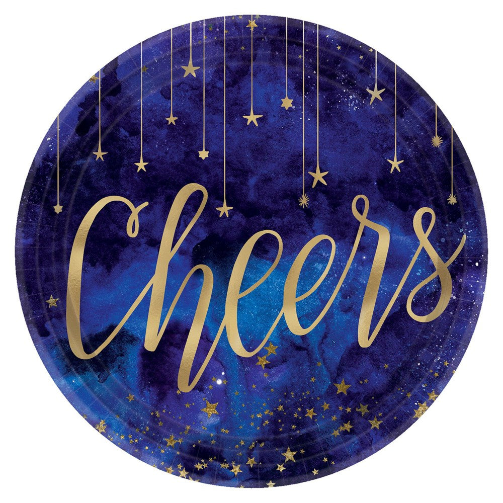 Round 7-inch metallic plate with dark blue galaxy background, gold stars, and "Cheers" in gold script.