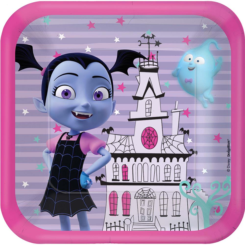 Square purple plate with pink border featuring Vampirina character, haunted house, and ghost design.