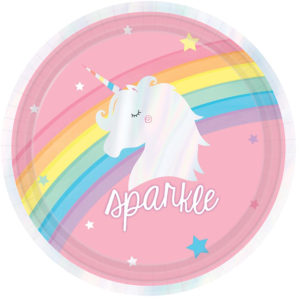 Round pink paper plate with a white unicorn, rainbow, stars, and "sparkle" text.