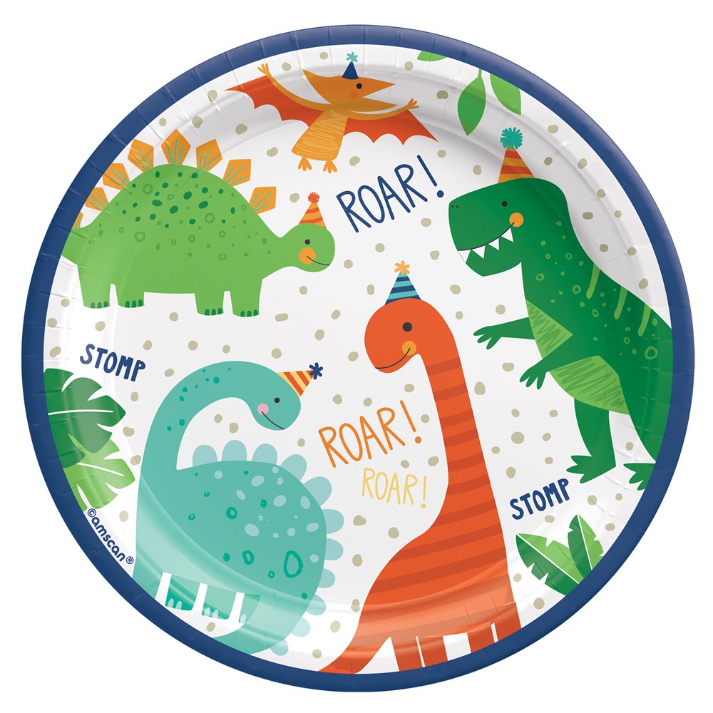 Round 7-inch paper plate with colorful cartoon dinosaurs, blue border, and playful "ROAR" text.