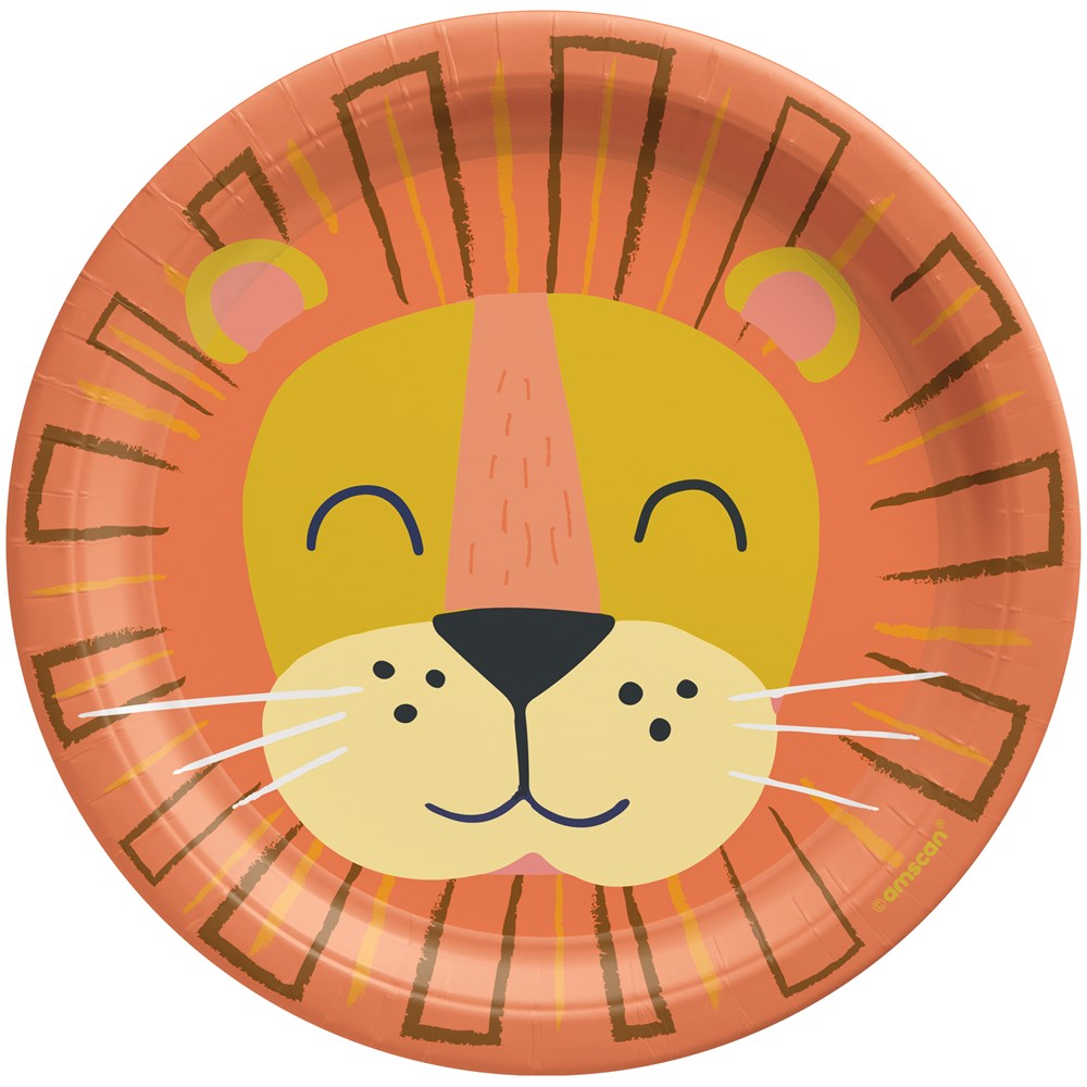Round 7-inch paper plate with a smiling lion face illustration in orange, yellow, and brown tones.