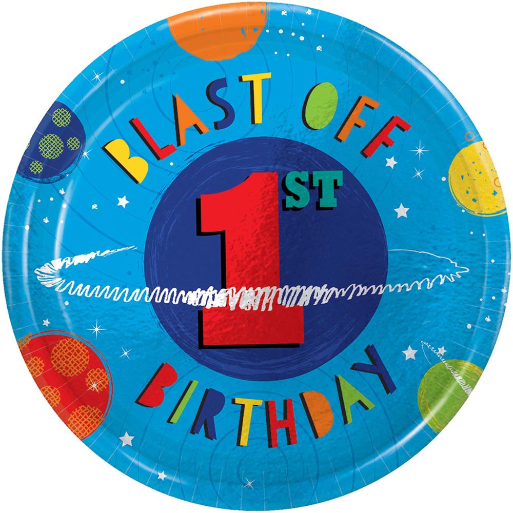 Round metallic blue plate with colorful planets and "Blast Off 1st Birthday" text in bright, playful fonts.