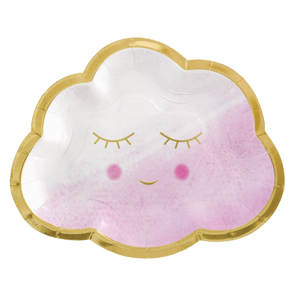Cloud-shaped paper plate with pink blush, closed gold eyes, smile, and gold trim, 6.5 inch.