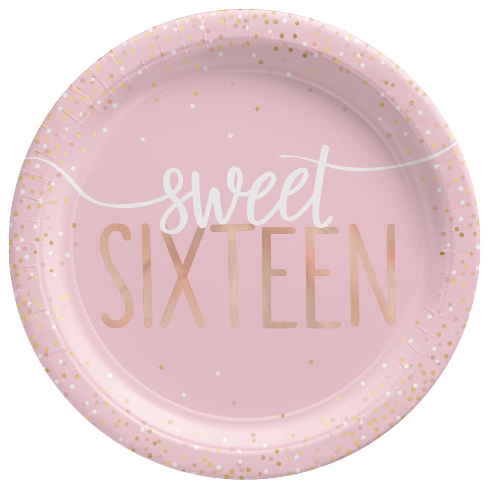 Round 7-inch blush pink paper plate with foil gold "Sweet Sixteen" text and scattered gold confetti accents.